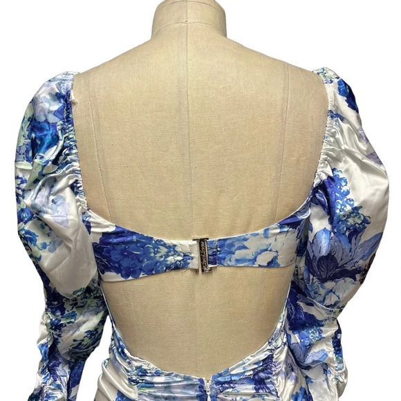 For Love & Lemons Hyacinth Drawstring Ruched Mini Dress Blue White Size XS - Picture 7 of 12